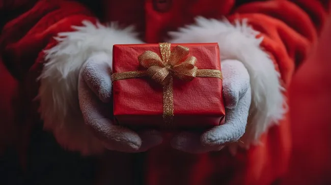 Weihnachtsmann überreicht festliches Geschenk