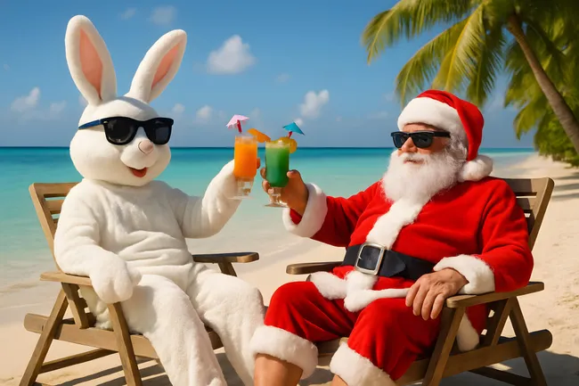 Weihnachtsmann und Osterhase trinken Cocktails am tropischen Strand