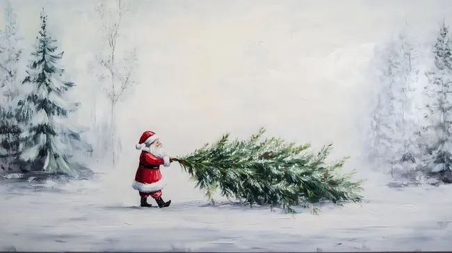 Weihnachtsmann zieht Christbaum durch den Schnee