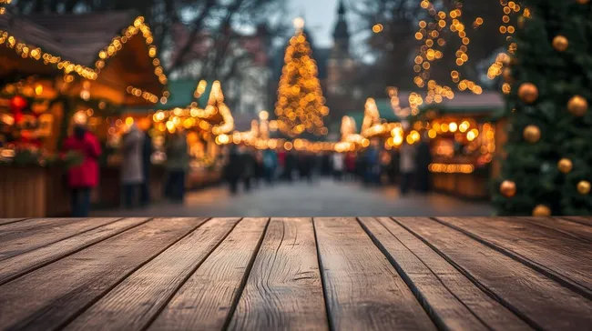 Weihnachtsmarkt-Atmosphäre mit Holztisch-Vordergrund