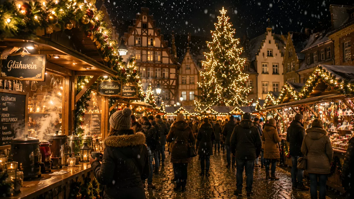 Weihnachtsmarkt bei Nacht mit Glühweinstand im Schnee