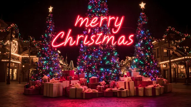 Weihnachtsmarkt mit buntem Lichterbaum und Geschenken