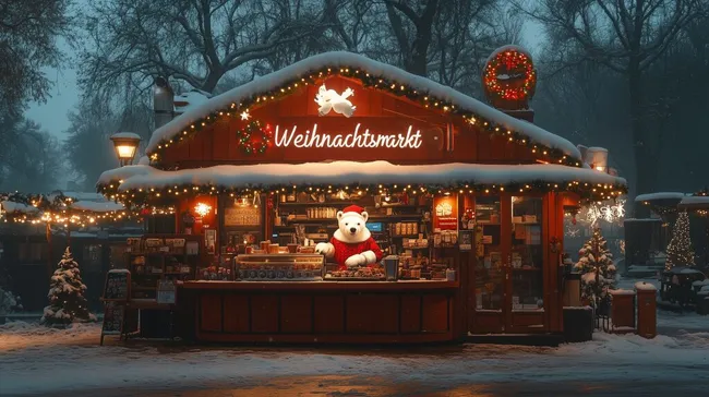 Weihnachtsmarktbude mit Teddy in verschneiter Winterlandschaft