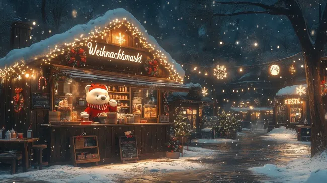 Weihnachtsmarktbude mit verschneiter Winterstimmung