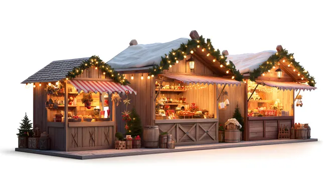 Weihnachtsmarktbuden mit Lichterketten und Dekorationen
