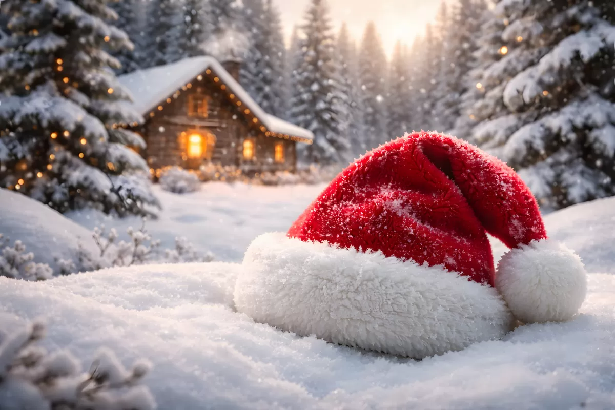 Weihnachtsmütze im Schnee vor beleuchtetem Holzhaus