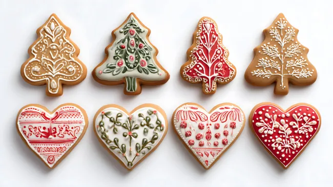 Weihnachtsplätzchen mit Zuckerguss und dekorativen Motiven