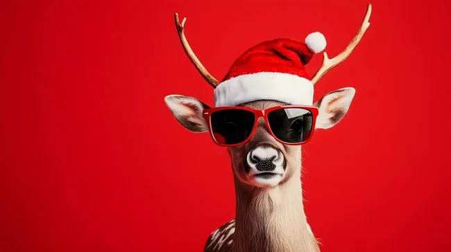 Weihnachtsrentier mit Sonnenbrille und Mütze