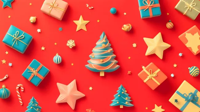 Weihnachtsschmuck und Geschenke auf rotem Hintergrund