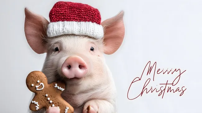 Weihnachtsschweinchen mit Mütze und Lebkuchen