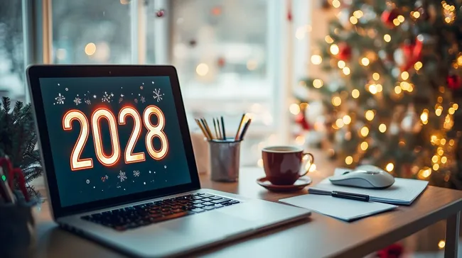 Weihnachtsstimmung im Büro - Laptop und Dekorationen