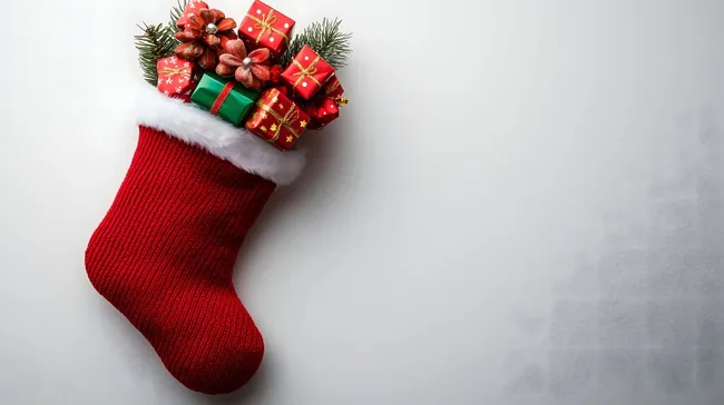 Weihnachtsstrumpf gefüllt mit roten Geschenken