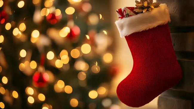 Weihnachtsstrumpf mit Geschenken vor Christbaum