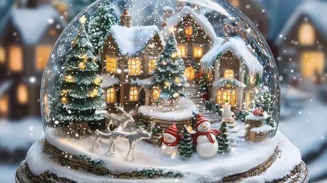 Weihnachtsszene in Schneekugel mit Häusern und Schneemännern