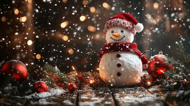 Weihnachtsszene mit süßem Schneemann und Deko