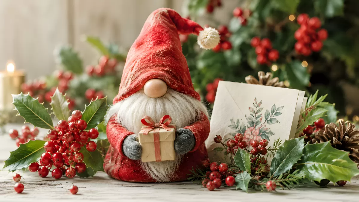Weihnachtswichtel mit Geschenk und Stechpalmen-Deko