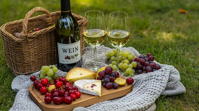 Wein-Picknick auf der Wiese mit Käse und Trauben