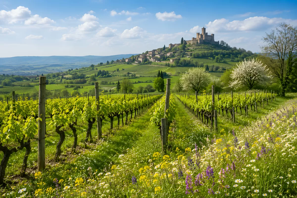 Weinberg im Frühling mit Burg auf dem Hügel