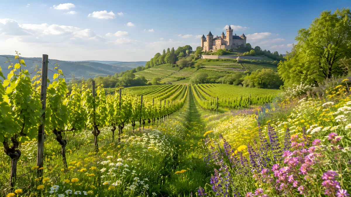 Weinberg mit Wildblumen und Burg auf Hügel im Frühling