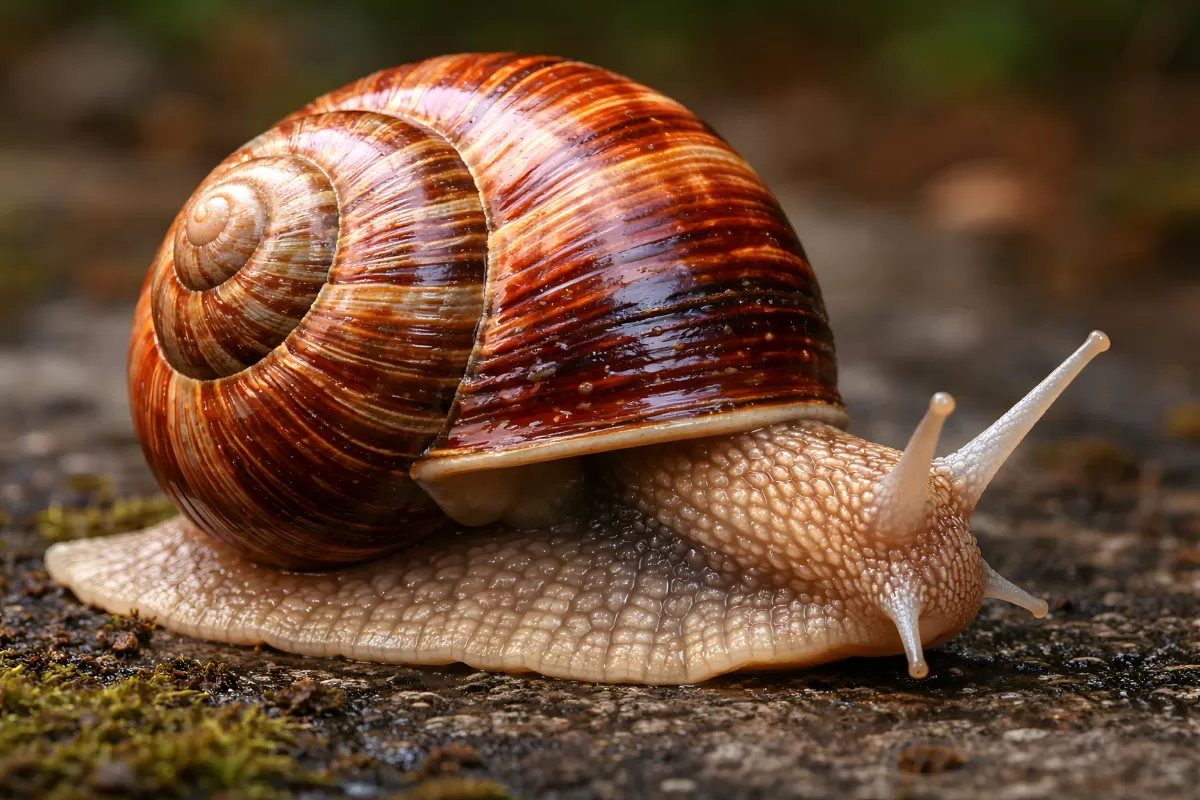 Weinbergschnecke auf feuchtem Stein in Nahaufnahme