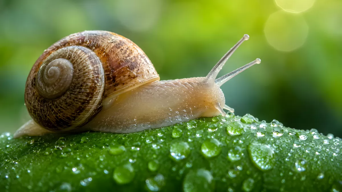 Weinbergschnecke auf taubedecktem grünen Blatt