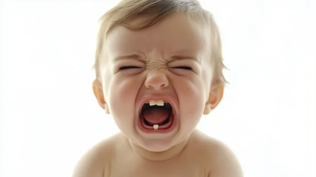 Weinendes Baby mit sichtbarem Zahn