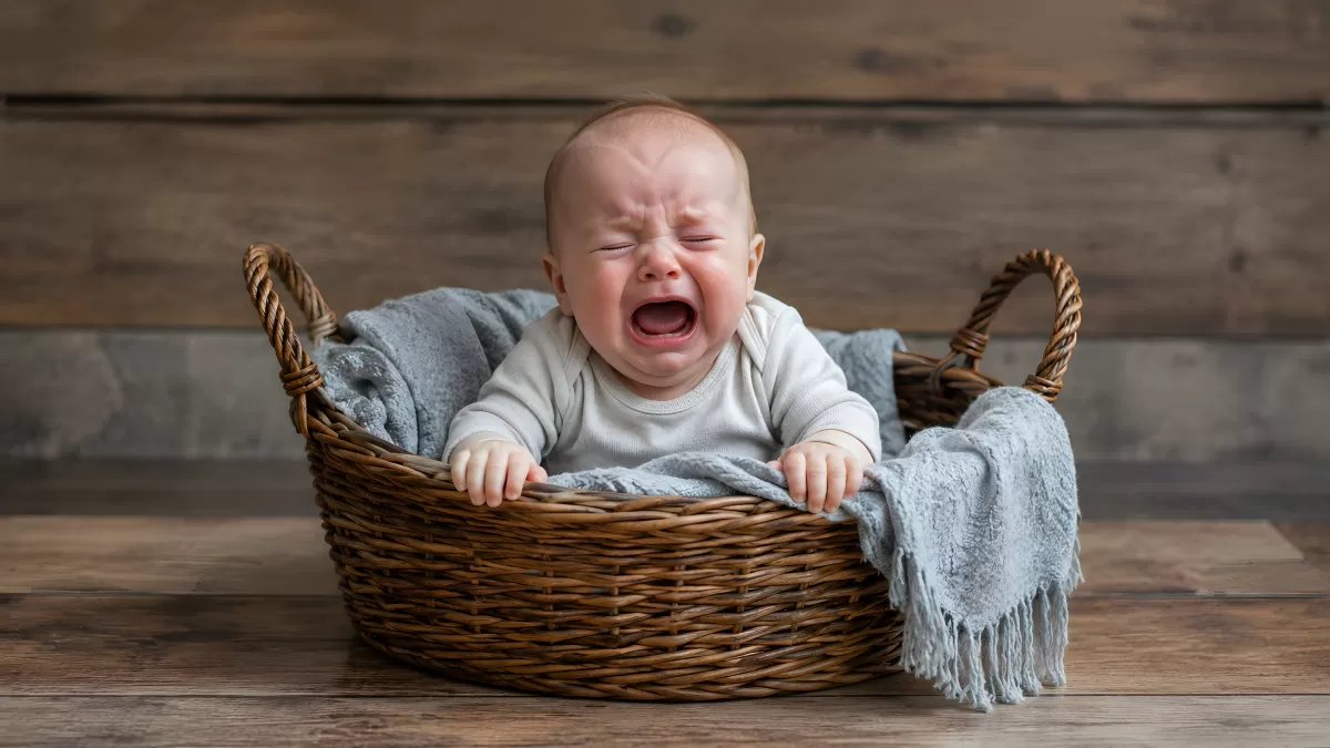 Weinendes Baby sitzt in einem Weidenkorb