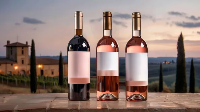 Weinflaschen bei romantischem Sonnenuntergang in der Toskana