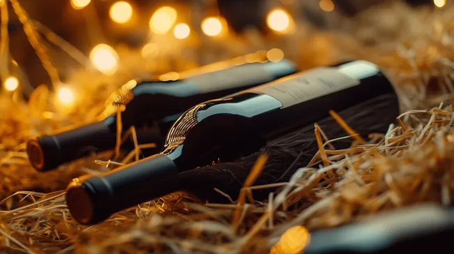 Weinflaschen in rustikaler Winteratmosphäre