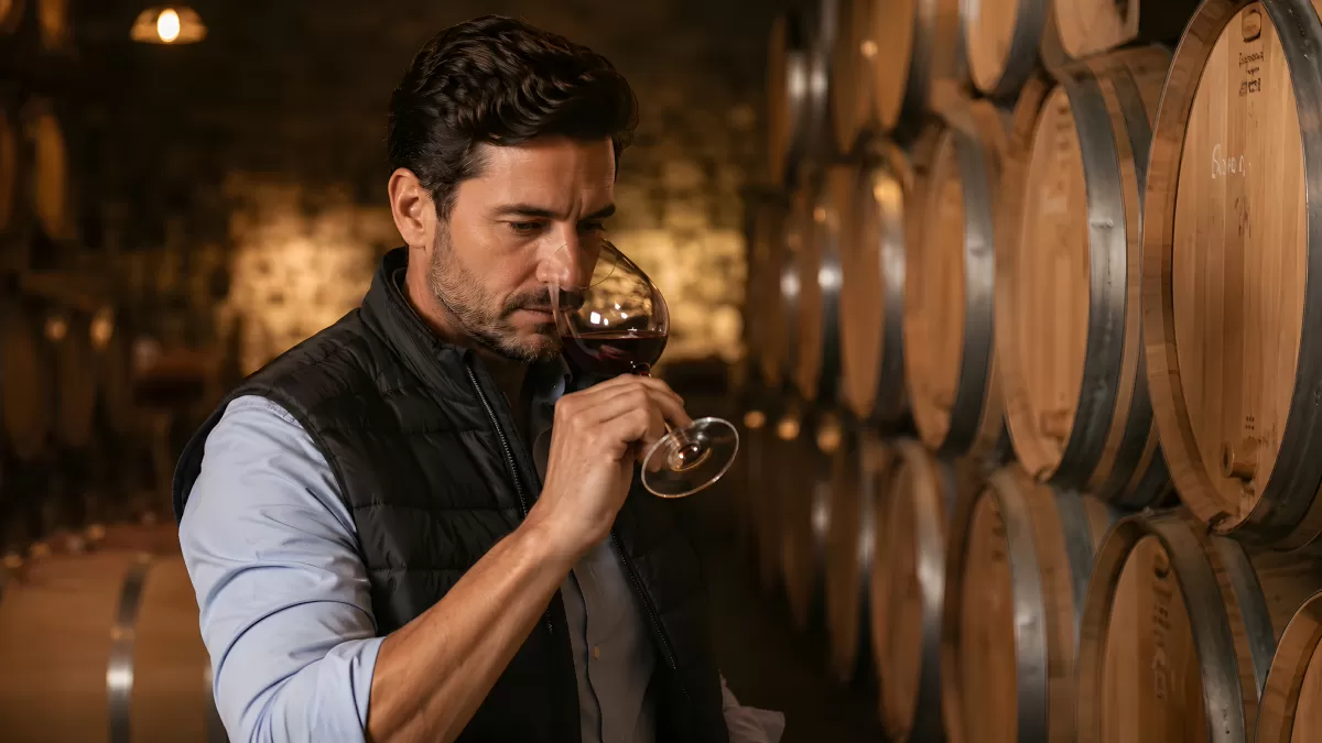 Weinkenner prüft Rotwein im Weinkeller mit Fässern