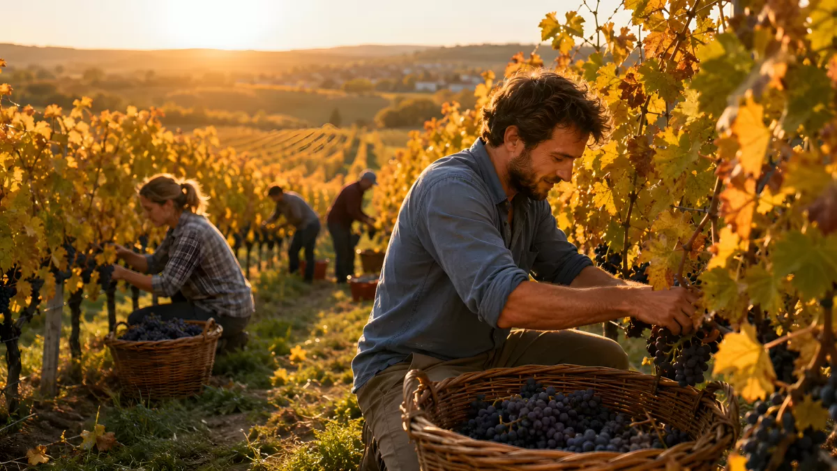 Weinlese bei Sonnenuntergang im goldenen Herbst