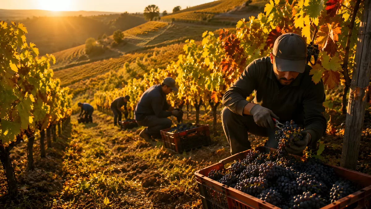 Weinlese bei Sonnenuntergang im herbstlichen Weinberg
