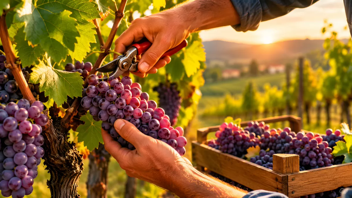 Weinlese bei Sonnenuntergang im Weinberg