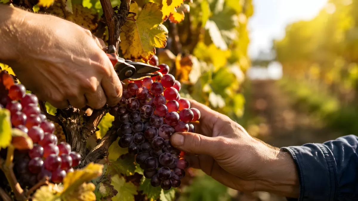 Weinlese: Hände ernten reife rote Trauben im Weinberg
