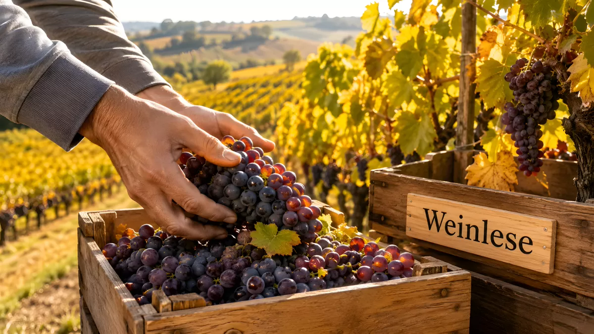 Weinlese im Herbst – Trauben in Holzkiste am Weinberg