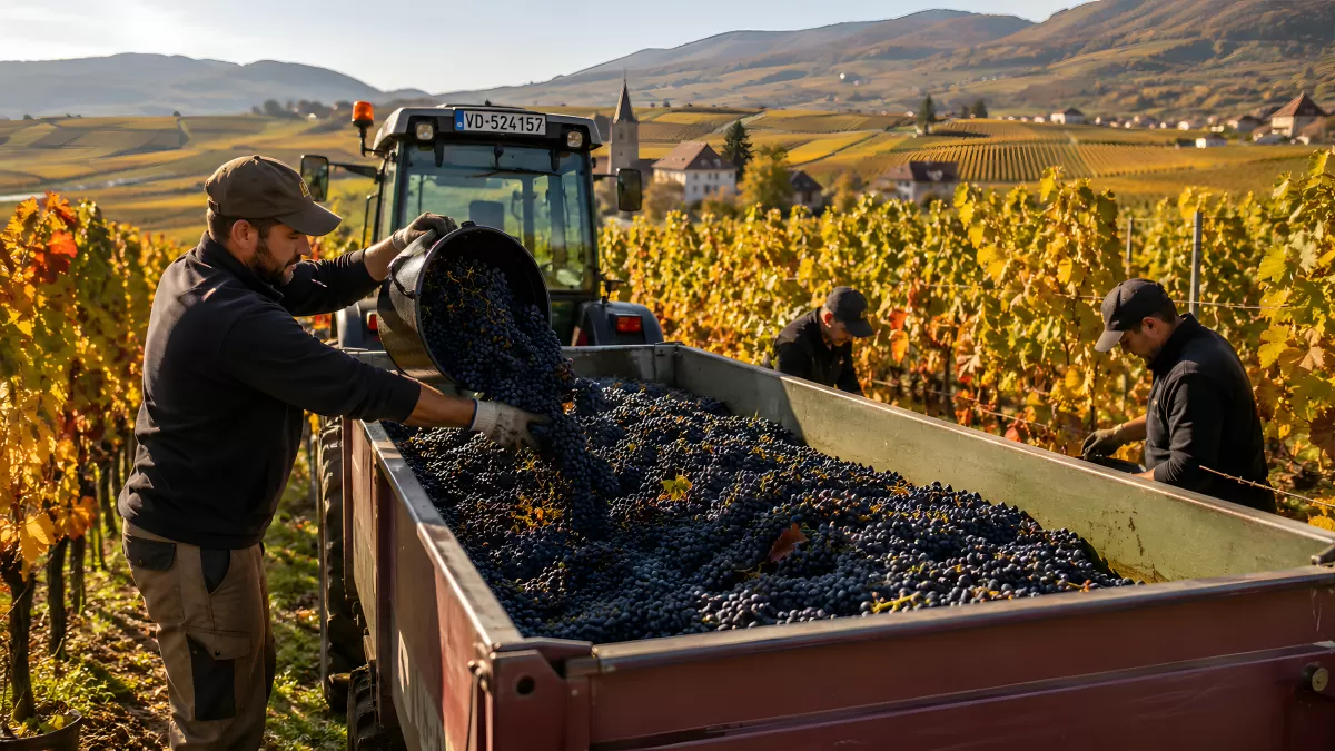 Weinlese im Herbst – Winzer befüllen Anhänger mit Trauben