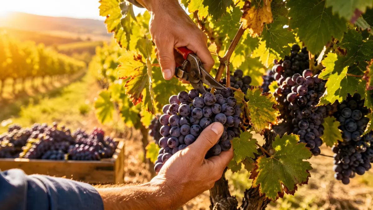 Weinlese von Hand: Rote Trauben im Weinberg