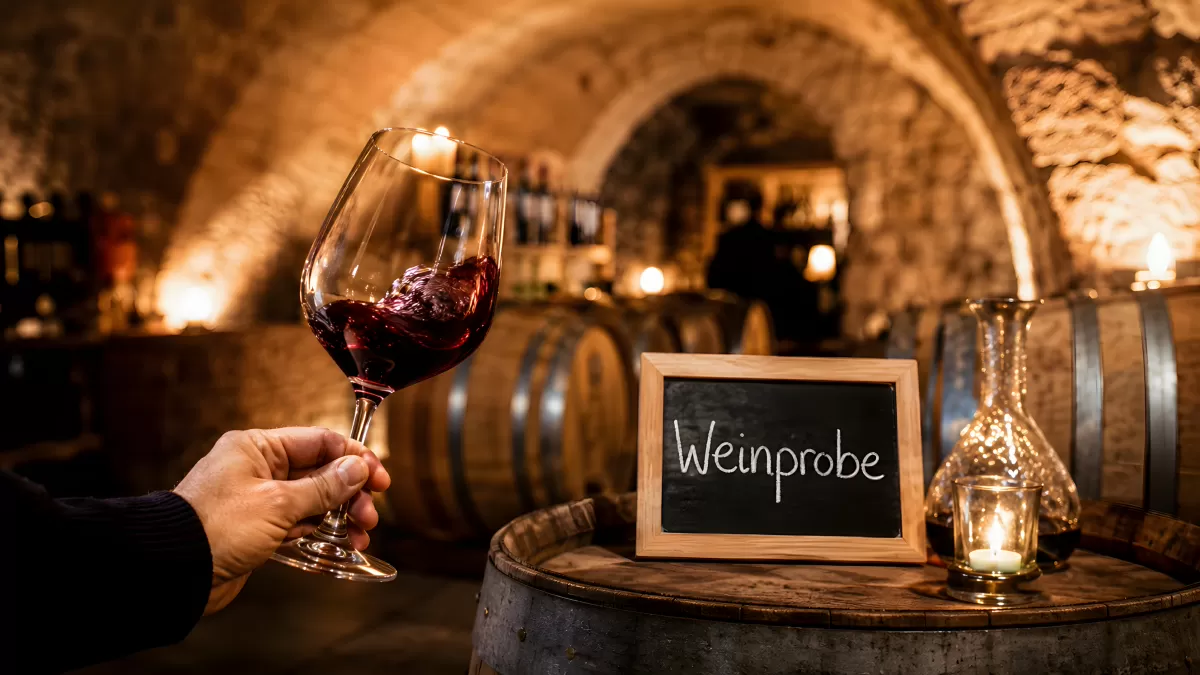 Weinprobe im Weinkeller mit Rotweinglas und Fässern