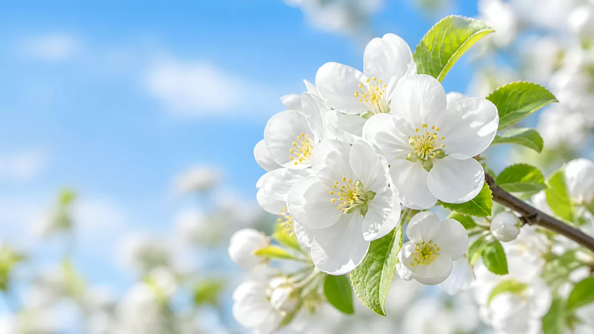 Weiße Apfelblüten an einem Zweig im Frühling