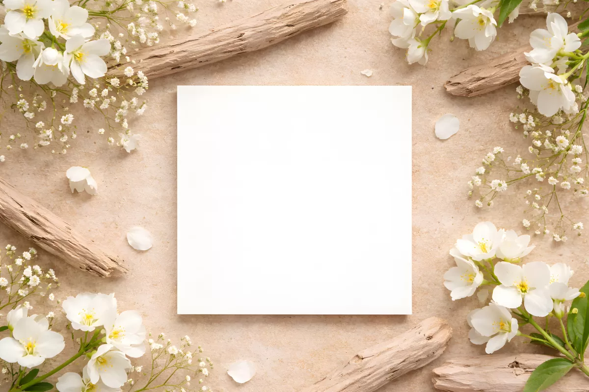 Weiße Blüten und Treibholz um leere Karte arrangiert