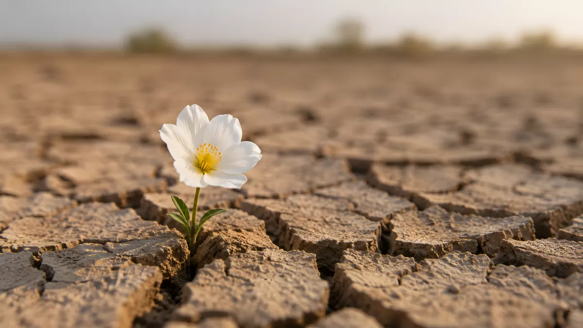 Weiße Blume wächst aus rissiger Erde in der Wüste