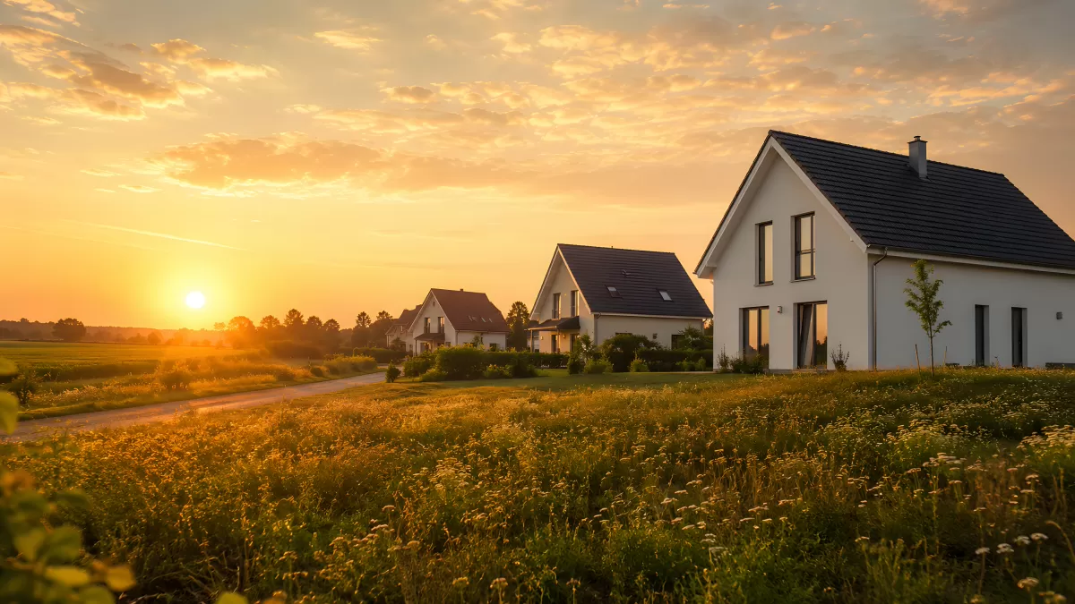 Weiße Einfamilienhäuser im goldenen Abendlicht