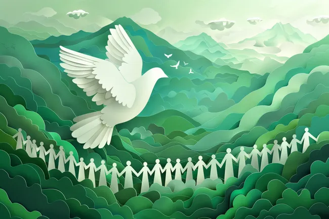 Weiße Friedenstaube über grüner Berglandschaft