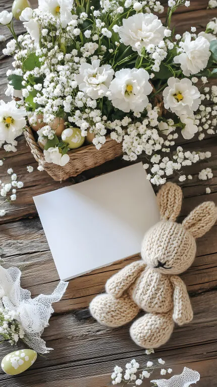 Weiße Frühlingsblumen und gestrickter Hase auf Holzboden