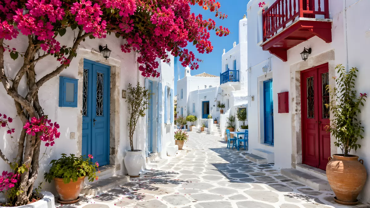 Weiße Gasse auf einer griechischen Insel im Sommer