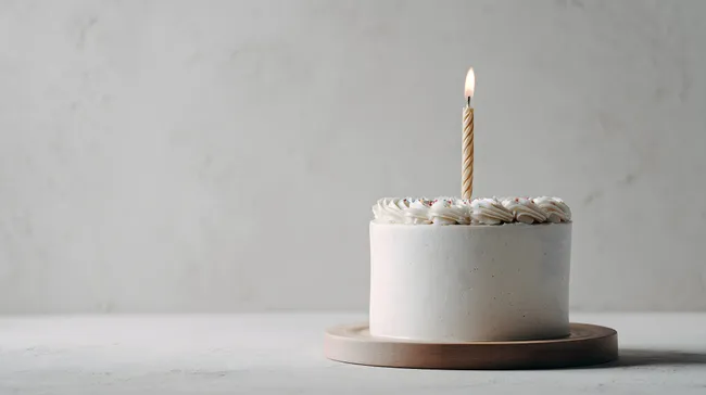 Weiße Geburtstagstorte mit Kerze auf Holzplatte