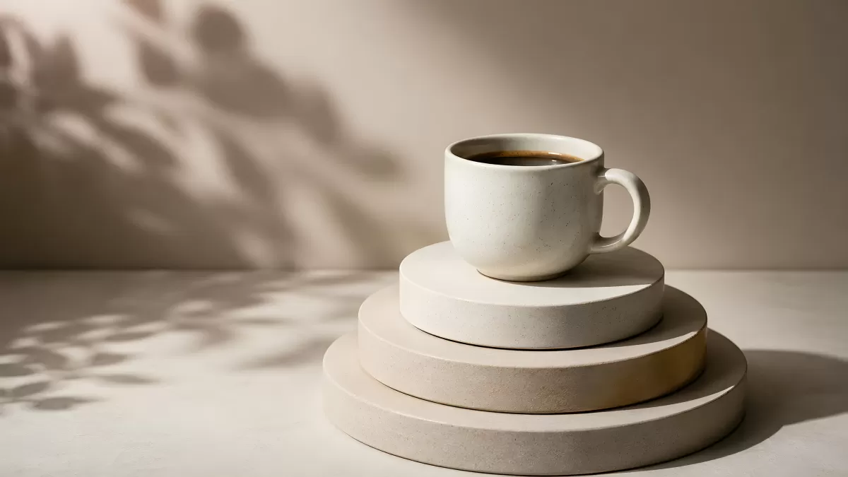 Weiße Kaffeetasse auf gestapelten Steinscheiben