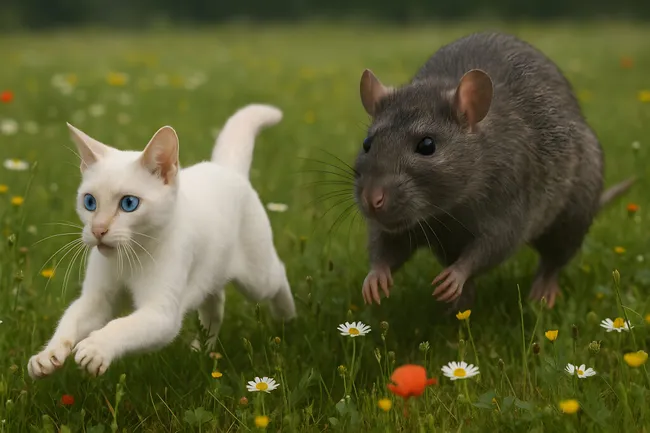 Weiße Katze und graue Ratte spielen in Blumenwiese