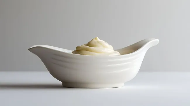 Weiße Keramikschale mit sahniger Mayonnaise