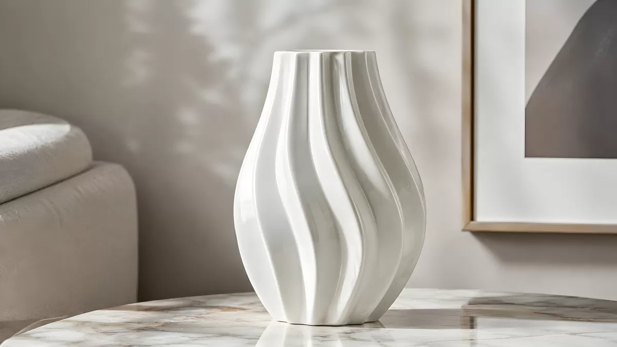 Weiße Keramikvase mit Wellenrelief auf Marmortisch